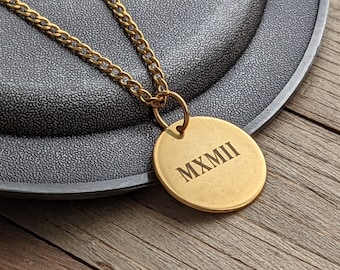 Mens Gold Pendant Necklace 20mm,  Personalized Custom Circle Pendant, Mens Initials Chain, Engraved Pendant Necklace for Men