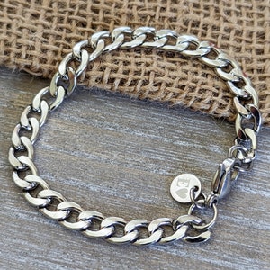 Personalized Mens Bracelet, 7mm Silver Polished Curb Bracelet, Personalized Bracelet, Engraved Initials, Stainless Steel Bracelet for Men
