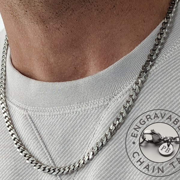 Mens Chain, 5mm Silver Mens Cuban Chain, Personalized Chain, Custom Mens Necklace, Engraved Initials, Stainless Steel Necklace for Men