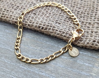 Mens Bracelet,4.5mm Gold Polished Figaro Bracelet, Personalized Bracelet, Custom, Initials, Stainless Steel Bracelet for Men