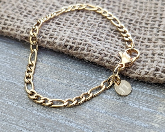 Personalized Mens Bracelet,4.5mm Gold Polished Figaro Bracelet, Personalized Bracelet, Custom, Initials, Stainless Steel Bracelet for Men