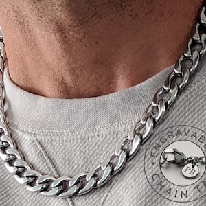 Chain Necklace for Men, 12mm Curb Chain, Mens Silver Chain, Custom Engraved Chain Necklace, Personalized Initial Necklace, Silver Curb