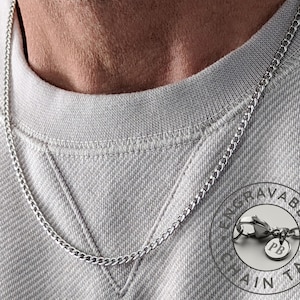 Mens Chain, 3mm Silver Mens Curb Chain, Personalized Chain, Custom Mens Necklace, Engraved Initials, Stainless Steel Necklace for Men