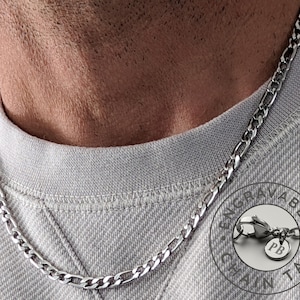 Mens Chain, 4.5mm Silver Polished Figaro Chain, Personalized Chain, Custom Necklace, Engraved Initials, Stainless Steel Necklace for Men