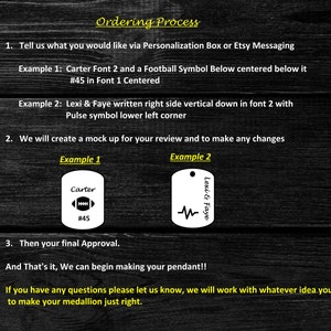 May include: A black and white image showing the steps for ordering a personalized pendant. The image includes two examples of pendants, one with the name "Carter" and a football symbol, and the other with the names "Lexi & Faye" and a heart rate symbol.