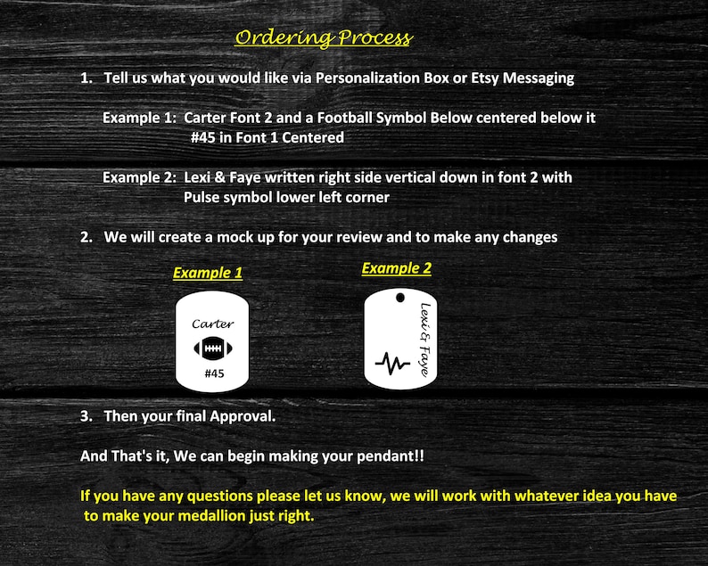 May include: A black and white image showing the steps for ordering a personalized pendant. The image includes two examples of pendants, one with the name "Carter" and a football symbol, and the other with the names "Lexi & Faye" and a heart rate symbol.