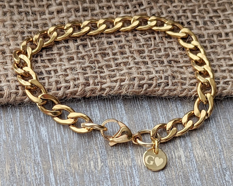 Mens Bracelet, 7mm Gold Polished Curb Bracelet, Personalized Bracelet, Custom Bracelet, Engraved Initials, Stainless Steel Bracelet for Men image 1