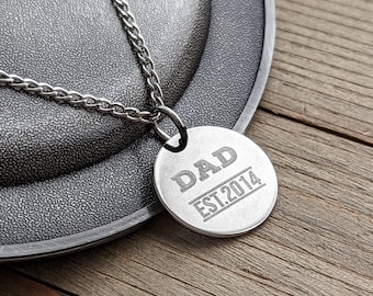 Dad Necklace, 20mm Black Father Necklace, Custom Pendant, Circle Medallion Dad Father Necklace, Personalized Coin Necklace , Men