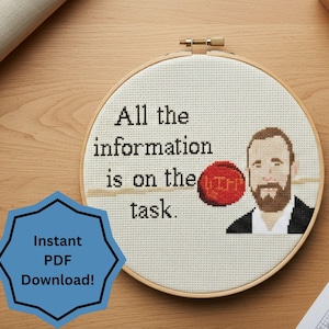 Może przedstawiać: Haft krzyżykowy w drewnianej tamborku z napisem "All the information is on the task". Portret mężczyzny z brodą znajduje się po prawej stronie. Niebiesko-biała grafika "Instant PDF Download!" znajduje się po lewej stronie.