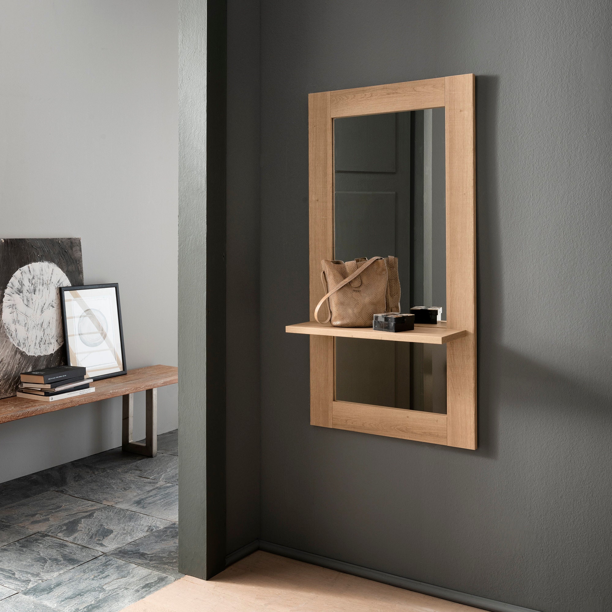 Arhome, Armoire d'entrée, 126 X 66 22, Miroir avec Étagère, Fabriqué en Italie