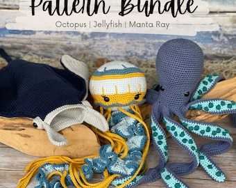 WZÓR NA SZYDEŁKO Zestaw Zwierzęta morskie | Meduza Manta Ray Octopus Bundle | Ekologiczna, zrównoważona zabawka Waldorf Amigurumi Sea Animal | PDF