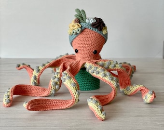 Crochet Pattern + Video Tutorial | Ingrid the Octopus w/ Coral Reef Headband | Amigurumi Eco-Friendly Sustainable Toy | 18 inches | PDF ONLY