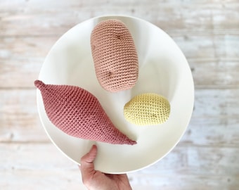 CROCHET PATTERN Potato | 3 Varieties - Russet, Yukon/Golden, Sweet Potato/Yam | Amigurumi Sustainable Food Toy | Waldorf & Montessori Toy
