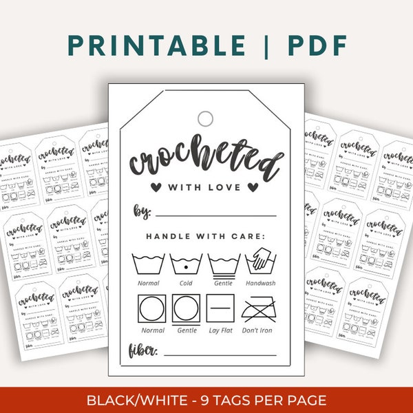 Etiquetas de cuidado de crochet / Instrucciones de lavado en PDF imprimibles / Etiquetas de cuidado hechas a mano / Imprescindibles para creaciones artesanales