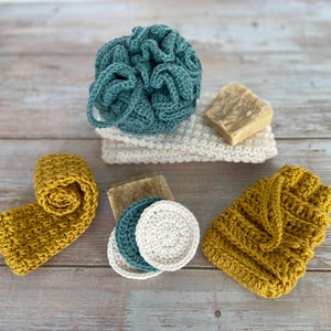 CROCHET PATTERN Spa Set Bundle | Alpine Bath Soap Saver, Face Scrubbie, Basket, Loofah, Washcloth & Headband | Eco-Friendly and Sustainable