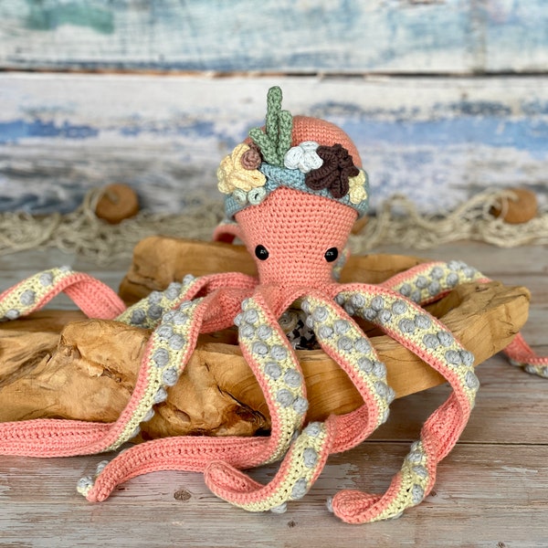 MOTIF AU CROCHET Pieuvre | Ingrid la pieuvre avec serre-tête récif de corail | Jouet animal marin Amigurumi Montessori durable et respectueux de l'environnement | PDF