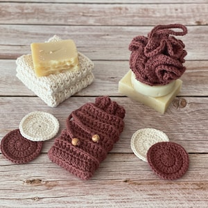 CROCHET PATTERN Spa Set Bundle | Alpine Bath Soap Saver, Face Scrubbie, Basket, Loofah Pouf & Washcloth | Eco-Friendly and Sustainable | PDF