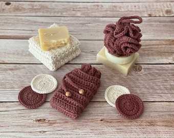 CROCHET PATTERN Spa Set Bundle | Alpine Bath Soap Saver, Face Scrubbie, Basket, Loofah Pouf & Washcloth | Eco-Friendly and Sustainable | PDF