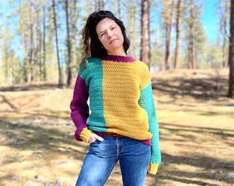 CROCHET PATTERN Apricity Color Block Sweater | Simple Colorblock Pullover Jumper | Sustainable Apparel | PDF | All Sizes
