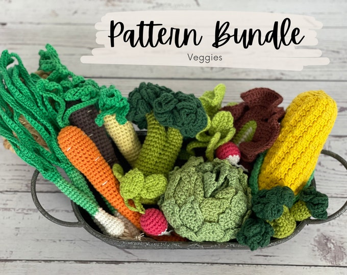7-in-1 Veggie Bundle Crochet Pattern | Green Onion, Artichoke, Corn, Lettuce, Carrots, Radish, Broccoli