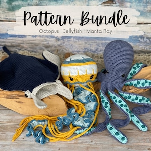 CROCHET PATTERN Bundle Sea Animals | Jellyfish Manta Ray Octopus Bundle | Eco-Friendly Sustainable Amigurumi Waldorf Sea Animal Toy | PDF