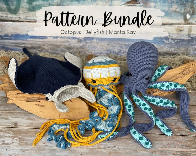 Sea Animal Crochet Pattern Bundle | Jellyfish, Manta Ray, Octopus
