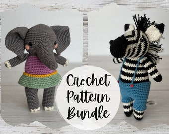 Elephant + Zebra Crochet Pattern Bundle | Kiwi & Oscar Safari Animal Amigurumi Crochet Eco-Friendly Sustainable Toys | PDF PATTERN ONLY