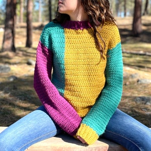 CROCHET PATTERN Apricity Color Block Sweater Simple Colorblock Pullover Jumper Sustainable Apparel PDF All Sizes image 1