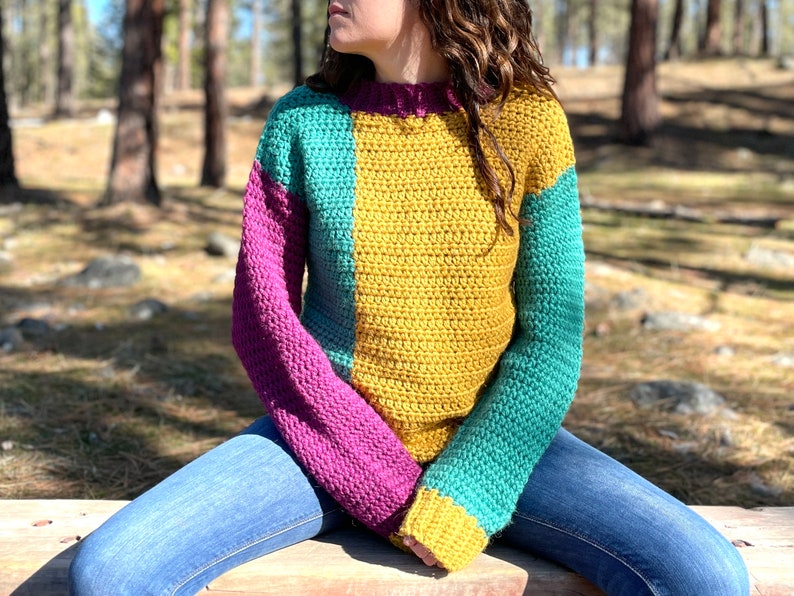 CROCHET PATTERN Apricity Color Block Sweater Simple Colorblock Pullover Jumper Sustainable Apparel PDF All Sizes image 1