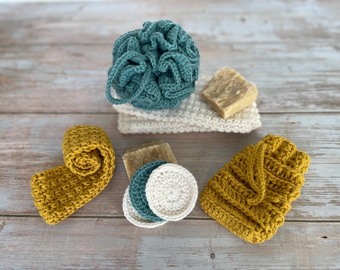 Alpine Bath Spa Set Crochet Pattern | Soap Saver, Face Scrubbie, Loofah, Washcloth, Headband