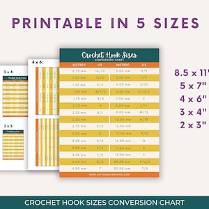 Crochet Hook Sizes Conversion Chart | Printable PDF in 5 Sizes | Full ...