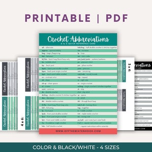 May include: Printable crochet abbreviation reference card in four sizes: 5x7, 4x6, 3x4, and 5x4. The card features a teal and white color scheme with a list of abbreviations and their meanings. The card is available in color and black and white.
