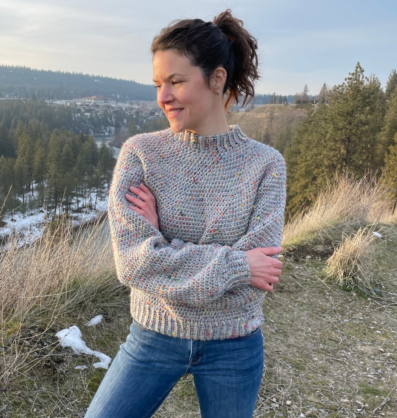CROCHET PATTERN Pullover Sweater Mt Rainier Tweed Sweater Top Down Easy Yoke Jumper Sustainable Apparel All Sizes XS-5XL image 1