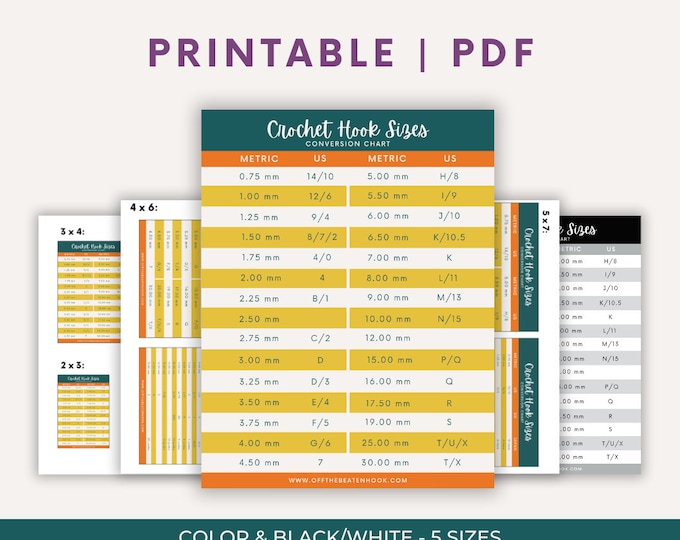 Crochet Hook Sizes Conversion Chart | Printable PDF in 5 Sizes