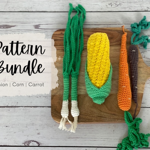 CROCHET PATTERN Vegetable Bundle | Green Onion, Corn, Carrot | Eco-Friendly Sustainable Amigurumi Veggies | Montessori Waldorf Toy | PDF