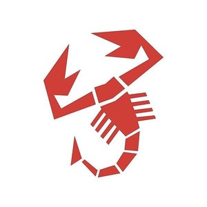 Puede incluir: Un logotipo de escorpión rojo con un diseño estilizado. El escorpión está mirando hacia la izquierda y tiene una cola larga con un aguijón.