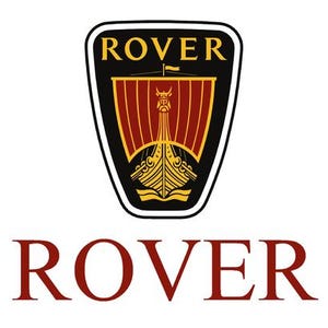 May include: Black and white logo for Rover, a car company. The logo features a shield with a red and gold Viking ship design. The word "Rover" is written in black above the shield and in red below the shield.