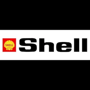 May include: The Shell logo features a yellow scallop shell inside a red square, positioned to the left of the word "Shell" in bold, black letters. The background is black and white.