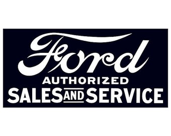 Könnte beinhalten: Ein schwarz-weißes Schild mit dem Wort "Ford" in einer stilisierten Schriftart. Der Text "Authorized Sales and Service" befindet sich unter dem Wort "Ford".