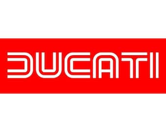 May include: A white logo with the word "DUCATI" in a bold, stylized font on a red background.
