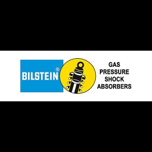 May include: The Bilstein logo features a blue square with white text and a yellow circle with a black shock absorber graphic. The text "GAS PRESSURE SHOCK ABSORBERS" is displayed in black.