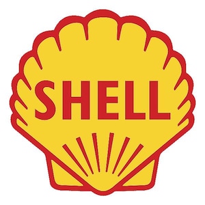 Puede incluir: Una concha amarilla con un contorno rojo y la palabra "SHELL" en letras rojas.