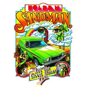 May include: A vibrant, retro-style graphic featuring a green Holden Sandman van. The design includes the text "HOLDEN SANDMAN" in bold letters, a rainbow, and the phrase "Let the Good times roll". The artwork has a psychedelic aesthetic.