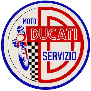 May include: A white circle with a blue border, featuring a red and white stylized 'D' logo with the text 'MOTO DUCATI SERVIZIO' in blue and red lettering. A black and white chequered flag and a red and white motorcycle are on the left side of the circle.
