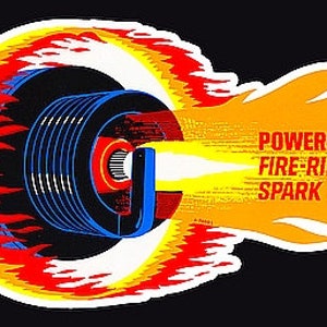 May include: A vintage graphic of a spark plug with a flame design. The spark plug is white, blue, and green, with the letters "AC" visible. The flame is yellow, orange, and red, with the text "POWERED BY FIRE-RING SPARK PLUGS" and the "AC" logo.