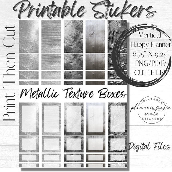 METALLIC BOX PRINTABLE Planner Stickers/Vertical Happy Planner Classic/Print Then Cut Ready/Metallic Texture/Silver Stickers