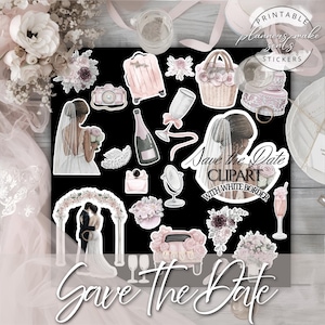 Adesivi digitali per matrimonio glamour/Clipart per il giorno del matrimonio/Bordo bianco/Invito fai da te per addio al nubilato/Ragazza con agenda rosa/Agenda digitale Goodnotes