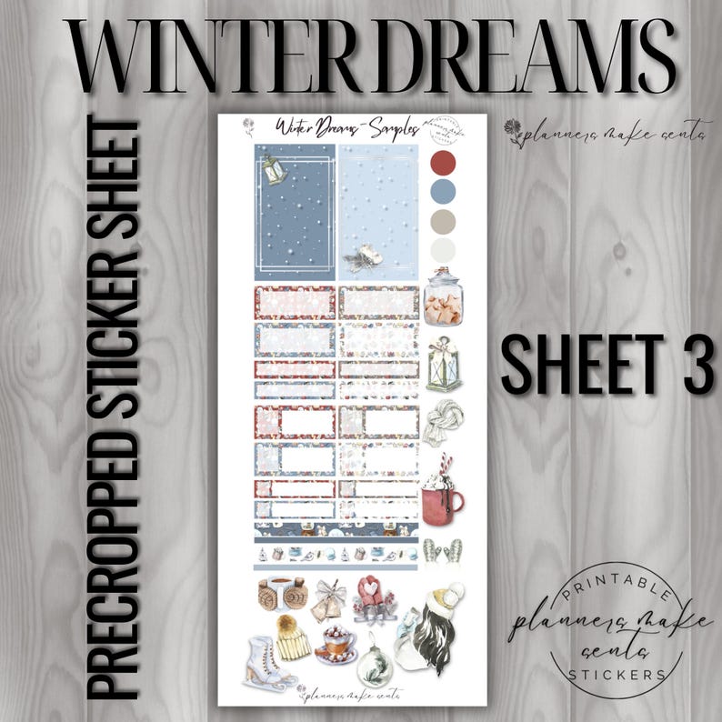 May include: A pre-cropped sticker sheet titled "Winter Dreams" with various winter-themed illustrations. The sheet includes images of a jar of marshmallows, a lantern, a mug of hot cocoa, and ice skates. The text "Sheet 3" is visible.
