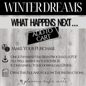 May include: Graphic with the text "WINTER DREAMS" and "WHAT HAPPENS NEXT..." on a wood-grain background. Includes an "ADD TO CART" button, instructions, and a floral design. The image guides the user through the purchase process.