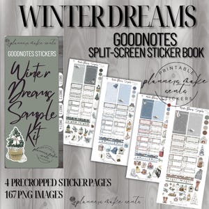 May include: A digital sticker book titled "Winter Dreams" for GoodNotes, featuring split-screen designs. The image includes four precropped sticker pages and 167 PNG images. The design includes winter-themed graphics and text.